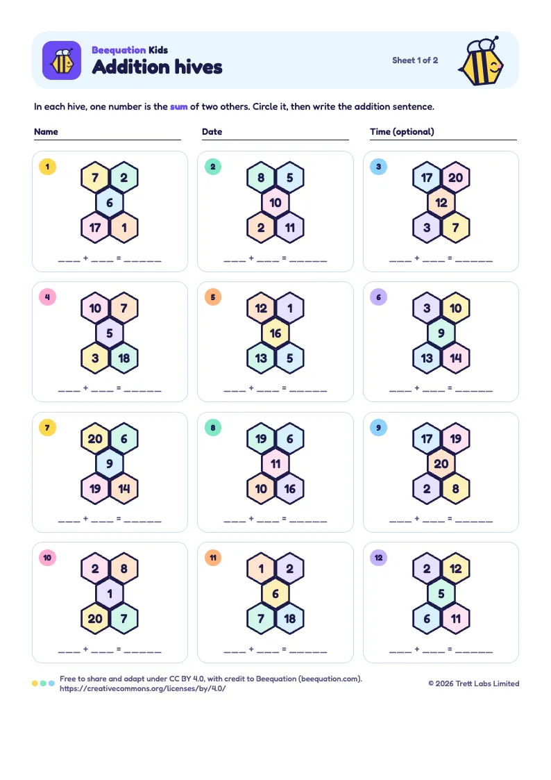First page of the Beequation Kids puzzle pack: twelve colourful honeycomb puzzles with Indie the bee and spaces to write the number sentence