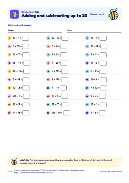 Preview of the Adding and subtracting up to 20 worksheet
