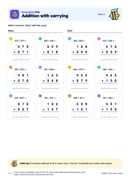Preview of the Addition with carrying worksheet