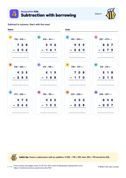 Preview of the Subtraction with borrowing worksheet