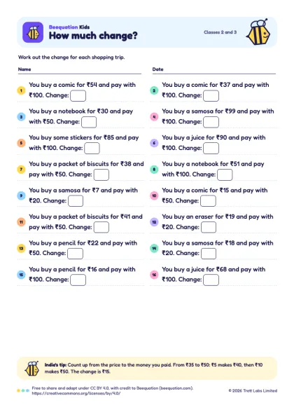 Preview of the How much change? worksheet