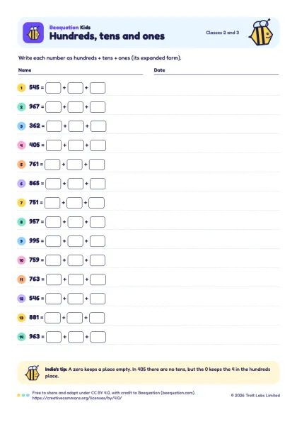 Preview of the Hundreds, tens and ones worksheet