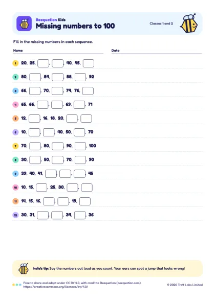 Preview of the Missing numbers to 100 worksheet