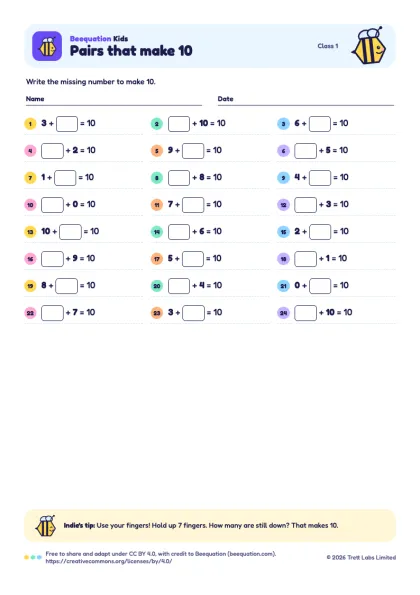 Preview of the Pairs that make 10 worksheet