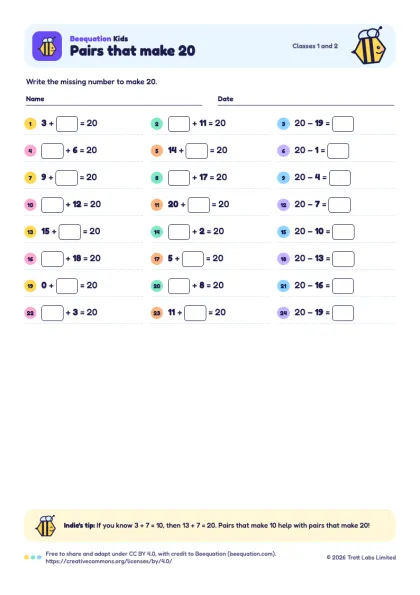Preview of the Pairs that make 20 worksheet