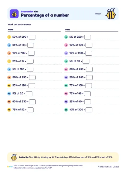 Preview of the Percentage of a number worksheet