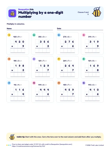 Preview of the Multiplying by a one-digit number worksheet
