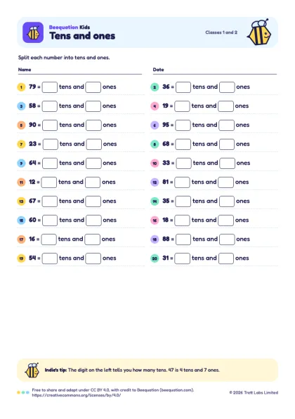 Preview of the Tens and ones worksheet