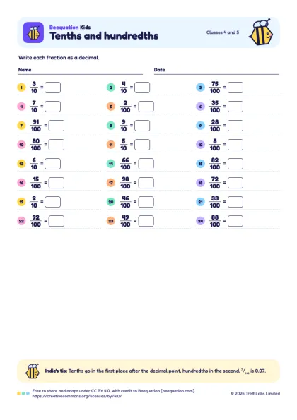 Preview of the Tenths and hundredths worksheet