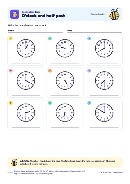 Preview of the O'clock and half past worksheet