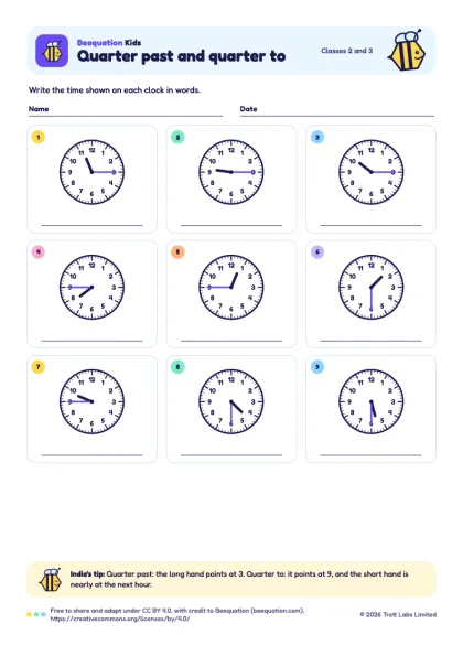Preview of the Quarter past and quarter to worksheet