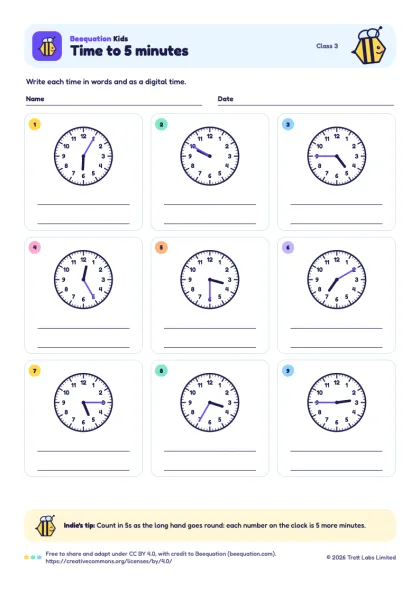 Preview of the Time to 5 minutes worksheet